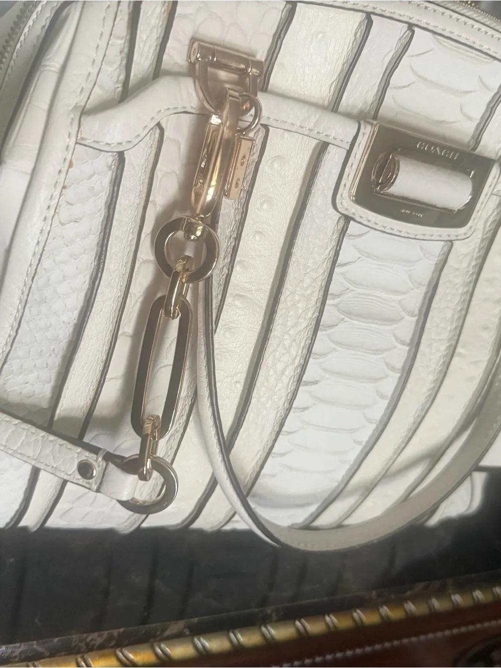 White Textured Satchel Handbag with Gold Hardware